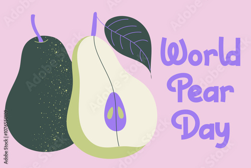 World Pear Day.Hand drawn whole and cut pear. Ripe juicy pears. Vegetarian organic food.  