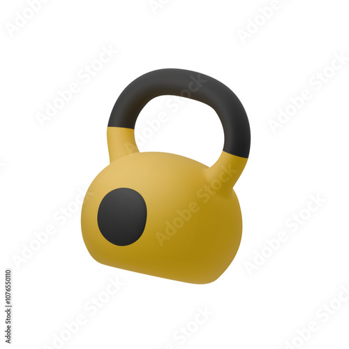 3D vector illustration of kettlebell with black handle and yellow body, isolated on white background. Ideal for fitness, workout, and gym themed designs, symbolizing strength and endurance