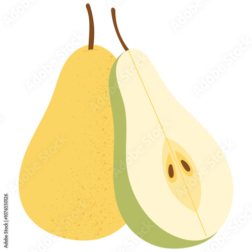 Hand drawn whole and cut pear. Ripe juicy pears. Vegetarian organic food. 