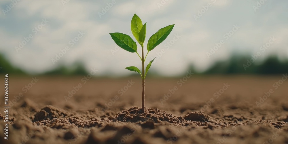 A vibrant green sprout emerging from rich brown soil under a bright sky. A vibrant green sprout emerging from rich brown soil under a bright sky.