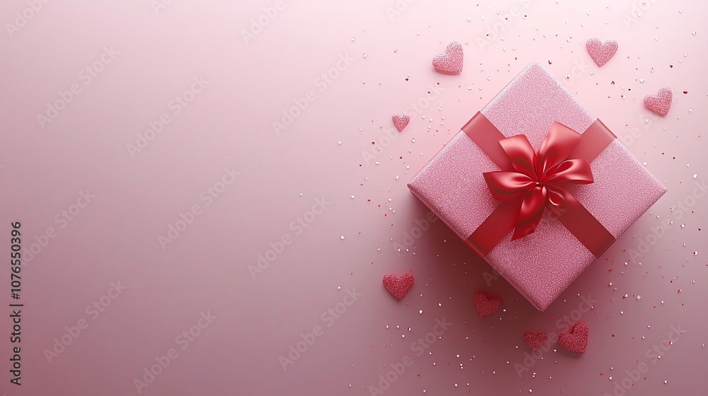 Biglietto d'auguri con confezione regalo con nastro rosso, vista dall'alto. Sullo sfondo rosa cuoricini e spazio per inserire testo d'auguri Biglietto d'auguri con confezione regalo con nastro rosso, vista dall'alto. Sullo sfondo rosa cuoricini e spazio per inserire testo d'auguri
