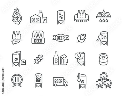 Beer production brewery alcohol drink line art icon set vector illustration