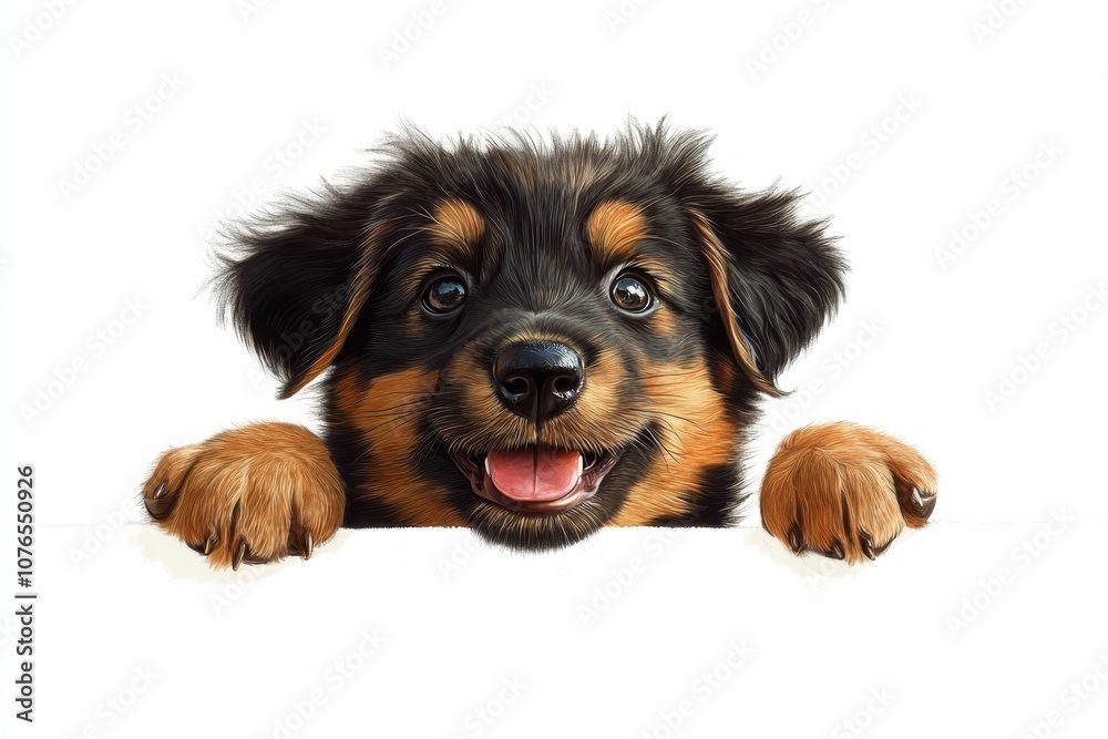 A happy puppy peeking over a white surface. A happy puppy peeking over a white surface.