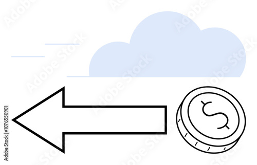 Blue cloud with a large leftward pointing arrow beside a coin featuring a dollar symbol. Ideal for financial services, cost savings, refunds, investment strategies, cloud services, economic