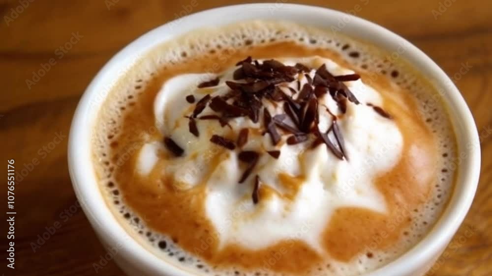 creamy coffee with frothy texture and shaved chocolate in rustic café, close-up of frothy coffee topped with shaved chocolate in cozy wood setting creamy coffee with frothy texture and shaved chocolate in rustic café, close-up of frothy coffee topped with shaved chocolate in cozy wood setting