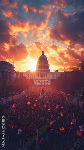 A grand, glowing image of the U.S. Capitol dome standing tall under a dramatic sky, for inauguration day
