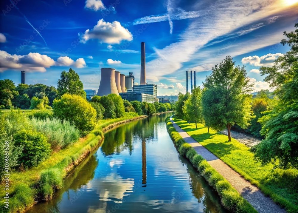 Summer Serenity: A Canal Flowing to a Power Plant Surrounded by Lush Greenery and Clear Blue Skies, Showcasing Urban Exploration and Industrial Beauty in Harmony Summer Serenity: A Canal Flowing to a Power Plant Surrounded by Lush Greenery and Clear Blue Skies, Showcasing Urban Exploration and Industrial Beauty in Harmony