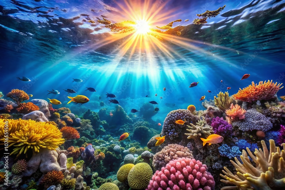 Naklejka premium Sunlight Piercing Through Deep Blue Ocean Water, Creating a Mesmerizing Underwater Scene of Serenity and Tranquility, Ideal for Nature and Marine Life Photography Enthusiasts