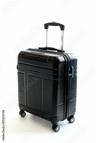 Black suitcase with wheels on white background.