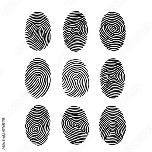 Nine different black fingerprints. Set of vector sketches in line art style 
