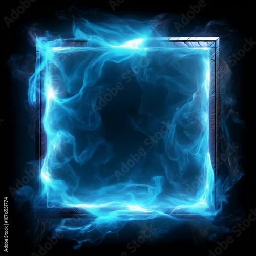 A square icy frame made of ice and blue flames on a black background. An overlay effect	

