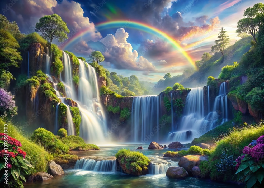 Surreal 3D Illustration of a Majestic Waterfall Cascading Through Lush Greenery, Enveloped by Mystical Mist and Brilliant Rainbows, Capturing the Beauty of Nature's Wonder Surreal 3D Illustration of a Majestic Waterfall Cascading Through Lush Greenery, Enveloped by Mystical Mist and Brilliant Rainbows, Capturing the Beauty of Nature's Wonder