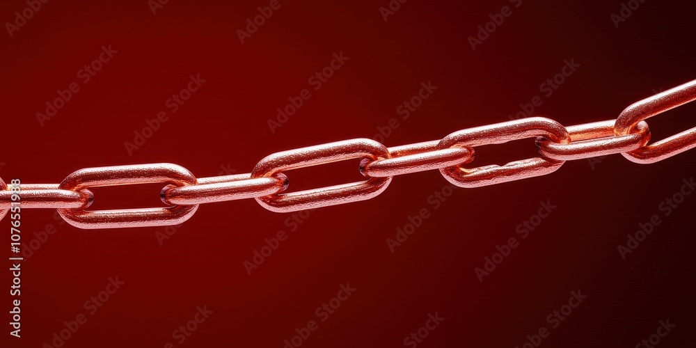 Obraz premium Close-up of a metallic chain on a red background, symbolizing strength and connection.