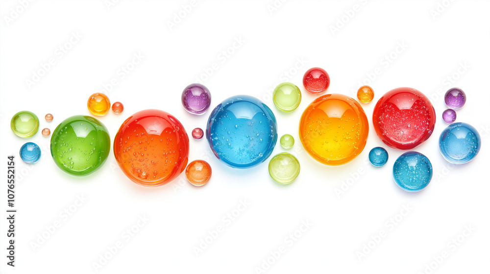 Colorful droplets on a white background, fluid, waterdrop, bubble, colorful jelly beans Colorful droplets on a white background, fluid, waterdrop, bubble, colorful jelly beans