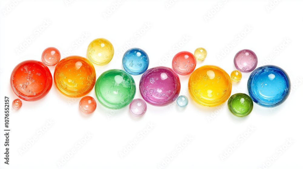 Colorful droplets on a white background, fluid, waterdrop, bubble, colorful jelly beans