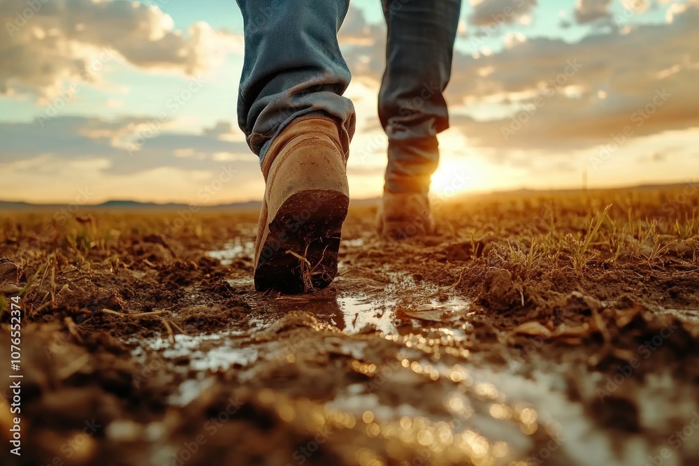 A solitary figure walks through a muddy field, the setting sun casting long shadows across the rural landscape The golden light bathes the scene in a warm glow, creating a sense of tranquility and A solitary figure walks through a muddy field, the setting sun casting long shadows across the rural landscape The golden light bathes the scene in a warm glow, creating a sense of tranquility and
