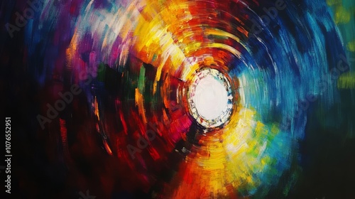 Abstract painting of a colorful spiral with a white circle in the center. photo