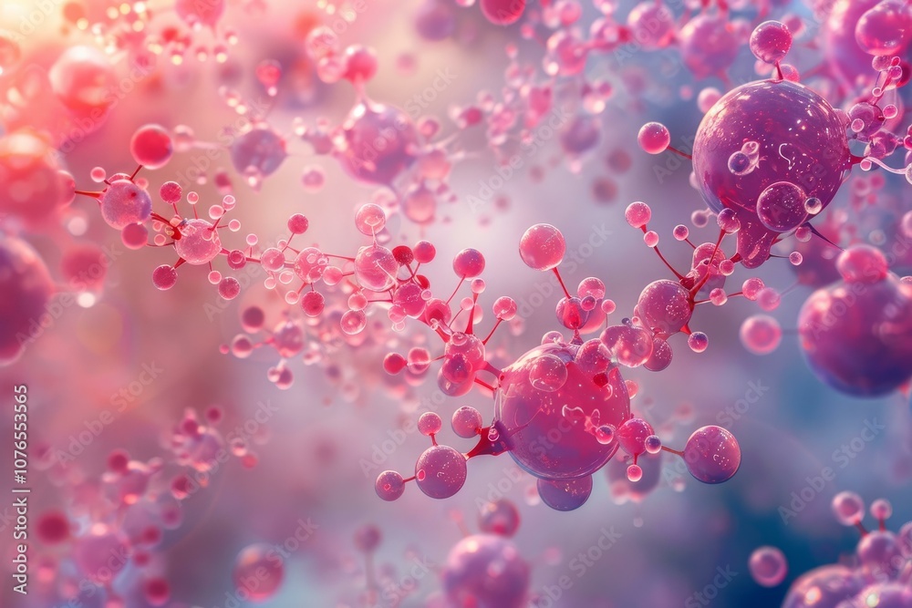 3d illustration of a complex molecular structure connecting pink spheres on a blurred background 3d illustration of a complex molecular structure connecting pink spheres on a blurred background