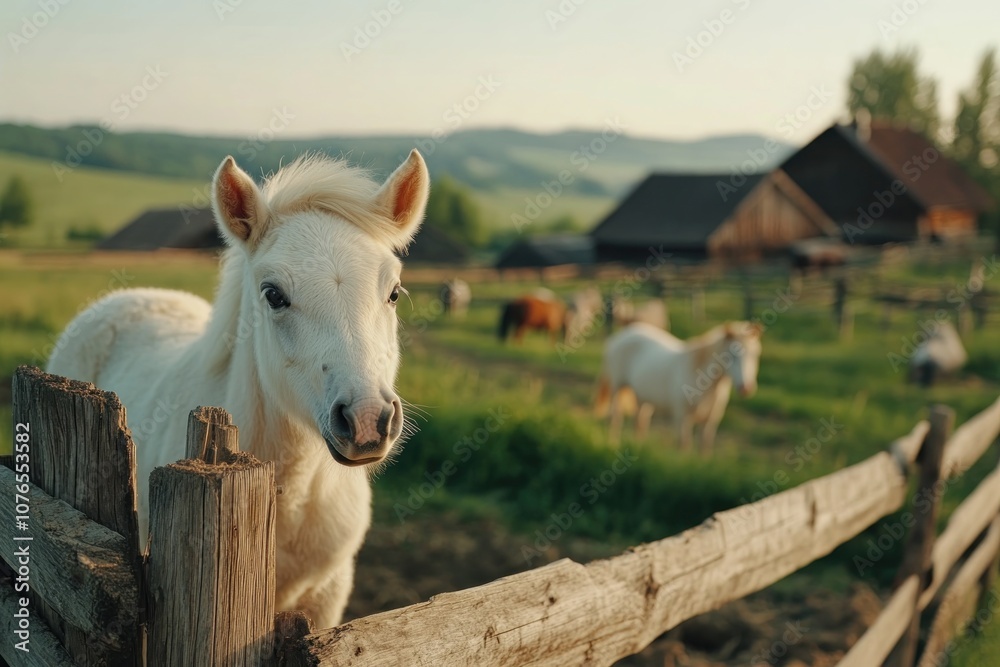 Fototapeta premium Peaceful White Horse Near Wooden Fence, Warm Light On Rural Landscape, Evening Calm, Countryside Scene, Sunset, Farm, Ranch, Horses, Pasture, Meadow, Field, Animal, Nature, Wildlife, Photography