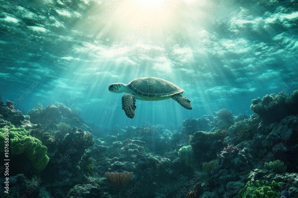 Fototapeta premium Sea Turtle Gracefully Navigates Vibrant Coral Reefs in a Pristine Ocean Habitat, A Symbol of Marine Biodiversity and the Importance of Conservation