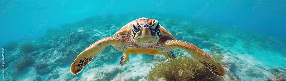 Fototapeta premium Sea Turtle Swimming Through Vibrant Coral Reef A Stunning Underwater World of Diverse Marine Plants and Ocean Flora