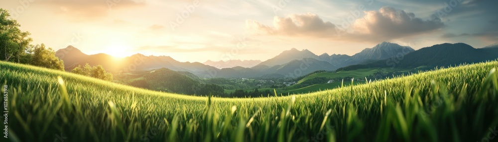 Fototapeta premium Serene Sunset Over Rolling Green Hills with a Single Horse Casting a Long Shadow, Capturing the Essence of Rural Peace and Tranquility