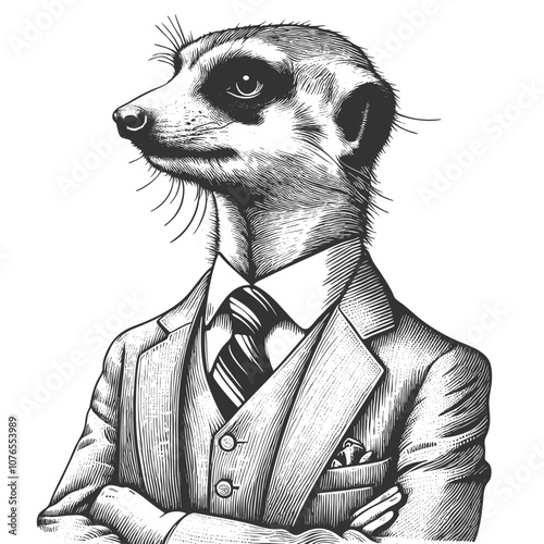 meerkat businessman wearing a suit and tie, a humorous anthropomorphic business portrait sketch engraving generative ai vector illustration. Scratch board imitation. Black and white image.