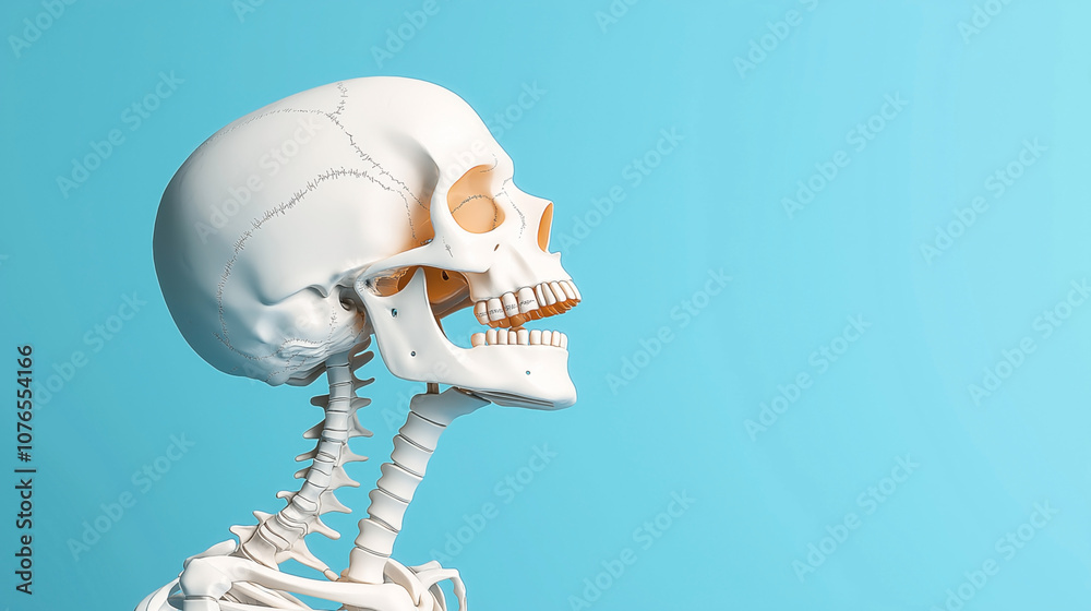Anatomical model of a human skull and upper spine against a blue background, showing detailed bone structure and vertebrae Anatomical model of a human skull and upper spine against a blue background, showing detailed bone structure and vertebrae