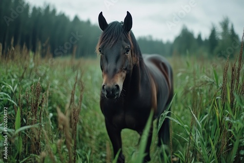 Stunning Silhouette of a Horse in Evening Light, Serene Rural Landscape, Peaceful Meadow, Golden Hour, Countryside Photography photo