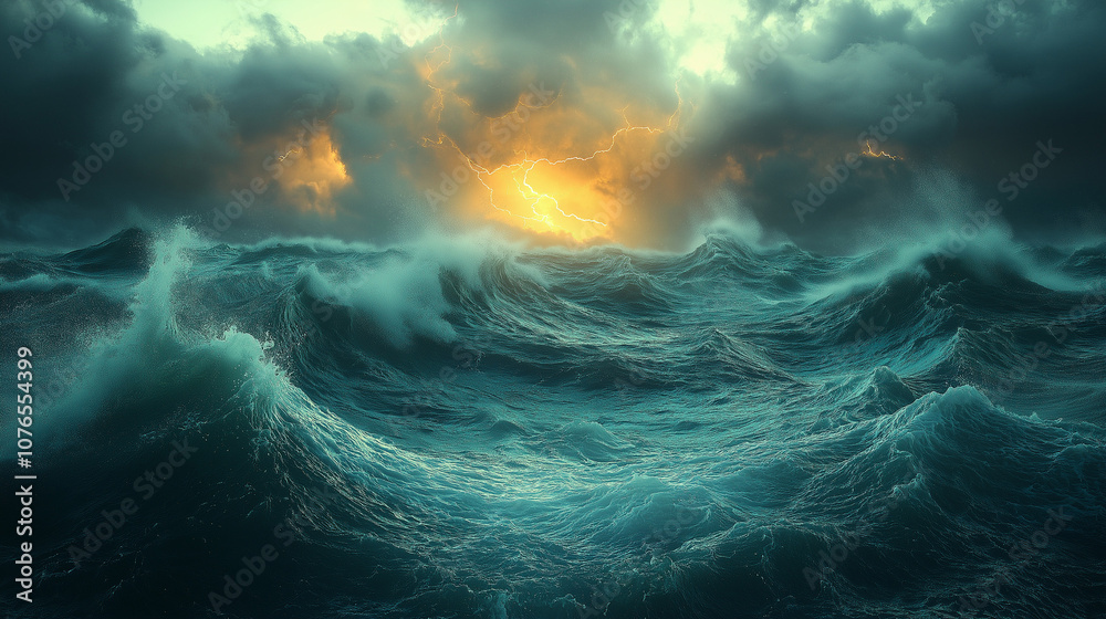 Naklejka premium Dramatic Ocean Waves in Thunderstorm with Lightning Striking Through Dark Clouds