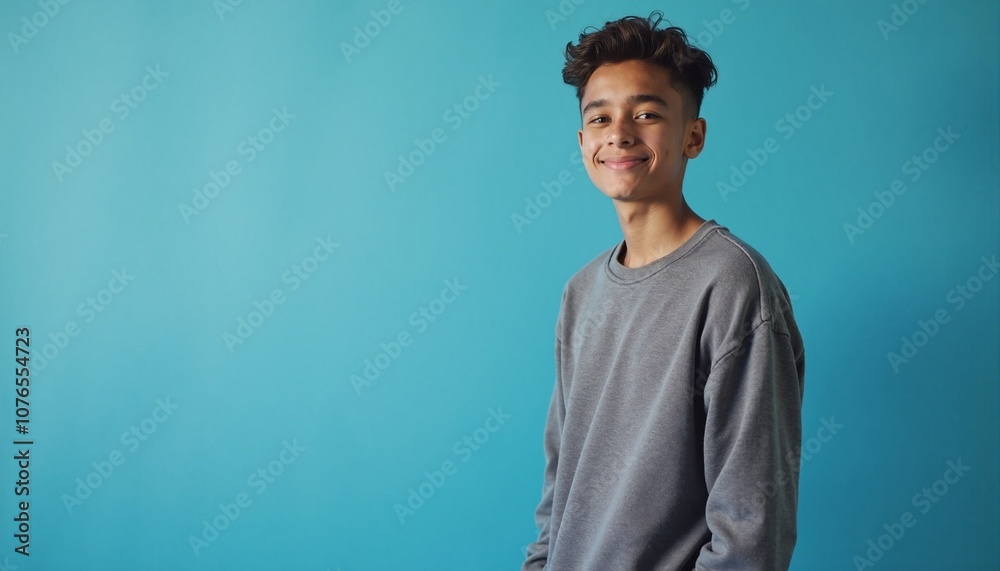 Obraz premium Smiling teenager with cheerful expression posing against turquoise background with copy space