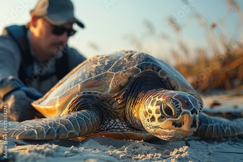 Marine Biologist Tagging Sea Turtle in Soft Morning Light
