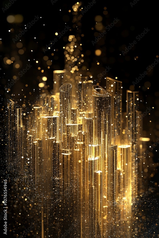 Obraz premium A glowing gold city skyline with light particles on a black background, a futuristic digital technology and architecture concept.
