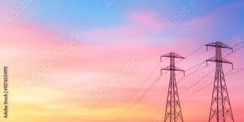 Power lines silhouetted against a vibrant sunset sky with pink and blue hues. photo