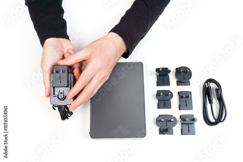 Hands Holding Adapter with External Hard Drive and Accessories