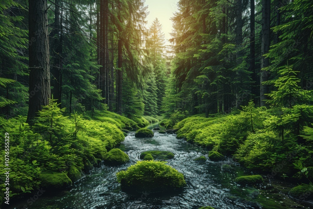 Obraz premium Serene Forest Scene with Bubbling Stream and Towering Trees