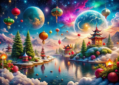 Surreal New Year's Blessings for 2024: A Dreamy Celebration of Joy, Prosperity, and Cosmic Wonders in an Enchanted Landscape with Whimsical Elements and Celestial Accents