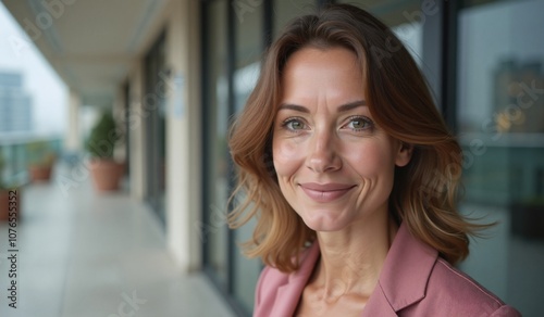 Confident professional woman smiling warmly against modern office backdrop