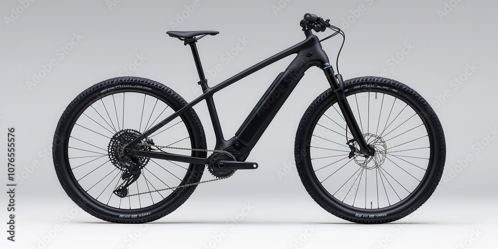 Sleek black electric mountain bike with advanced features and modern design. Sleek black electric mountain bike with advanced features and modern design.