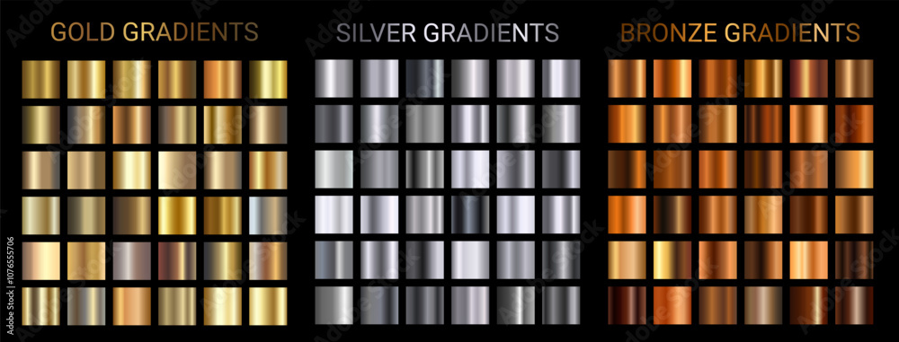 Gold, silver, bronze gradient background vector set