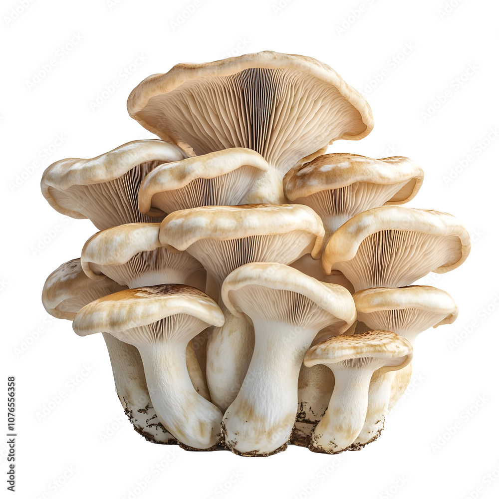 Fototapeta premium Cluster of Mushrooms with Cream Caps and White Stems Isolated on a Transparent Background
