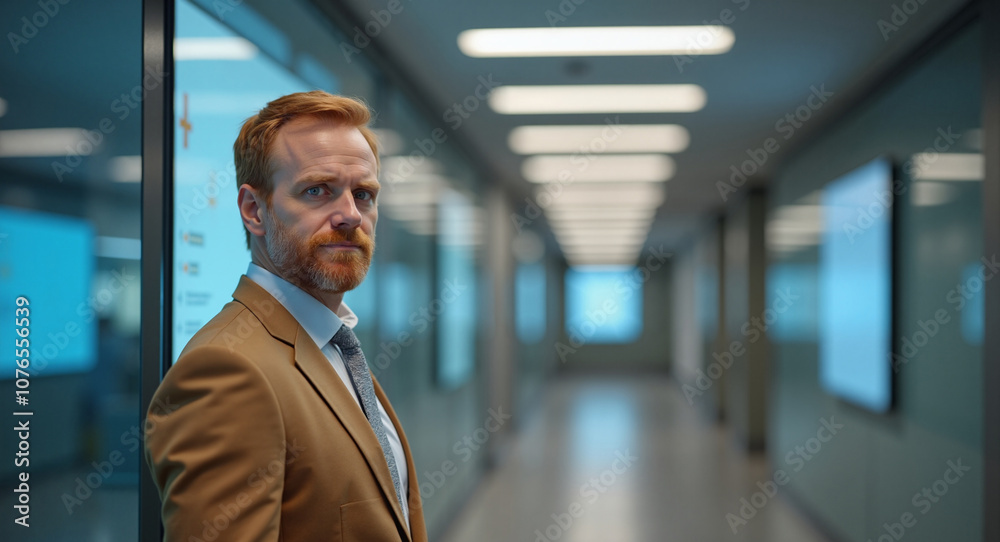 Serious businessman with thoughtful expression standing in modern office hallway Serious businessman with thoughtful expression standing in modern office hallway