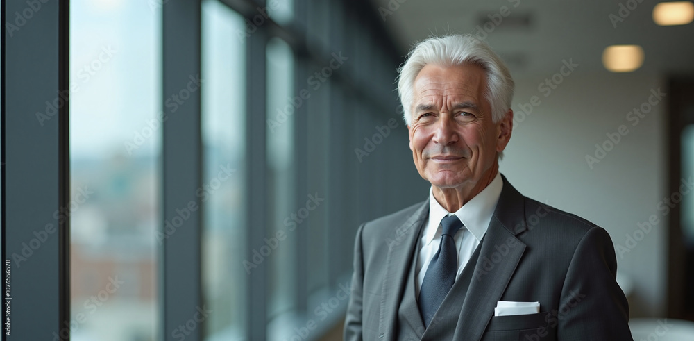 Fototapeta premium Senior businessman with confident smile standing in modern office against window view