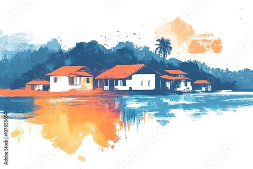 Abstract minimalist sketch of an Indian village with houses on the river bank, using an orange and blue color scheme