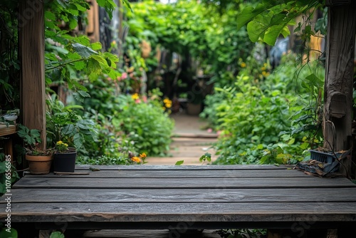 Outdoor wooden table in lush garden setting for product display