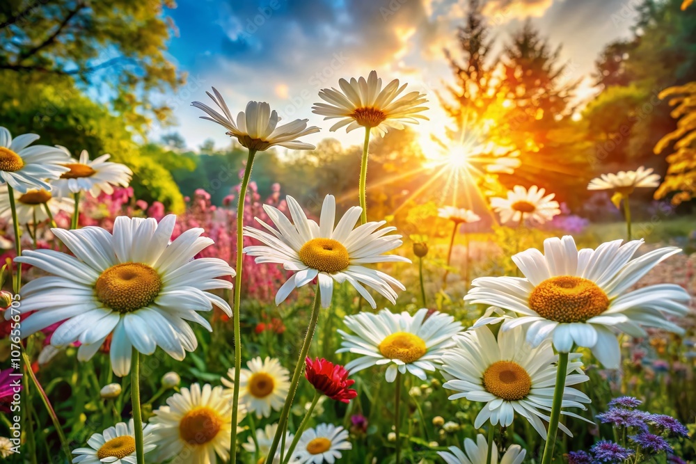 Surreal Scene of Flowering Daisies Amidst a Vibrant Garden of Medicinal Plants, Capturing the Essence of Summer with a Bright and Cheerful Atmosphere Under the Radiant Sunlight Surreal Scene of Flowering Daisies Amidst a Vibrant Garden of Medicinal Plants, Capturing the Essence of Summer with a Bright and Cheerful Atmosphere Under the Radiant Sunlight