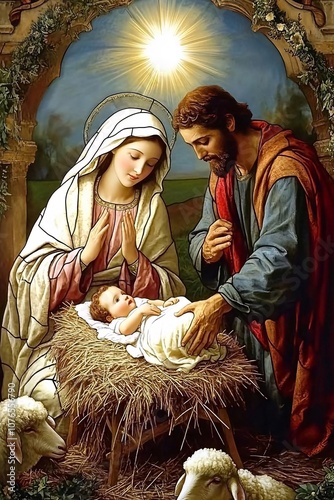 Rappresentazione della Sacra Famiglia. Il Bambino adagiato su un covone di paglia con Maria e Giuseppe che lo guardano.
