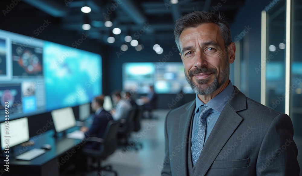Confident businessman with friendly smile in high-tech control room Confident businessman with friendly smile in high-tech control room