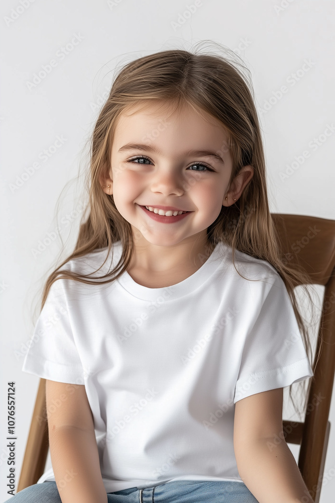 White T-shirt mockup on a cheerful little girl, ideal for presenting brand logos or custom designs. White T-shirt mockup on a cheerful little girl, ideal for presenting brand logos or custom designs.