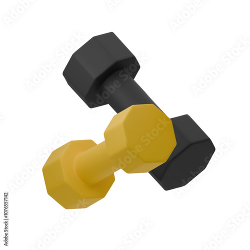 3d icons of yellow and black dumbbells isolated on white background. Minimal fitness object. 3d rendering. Suitable for gym, workout, and health related designs